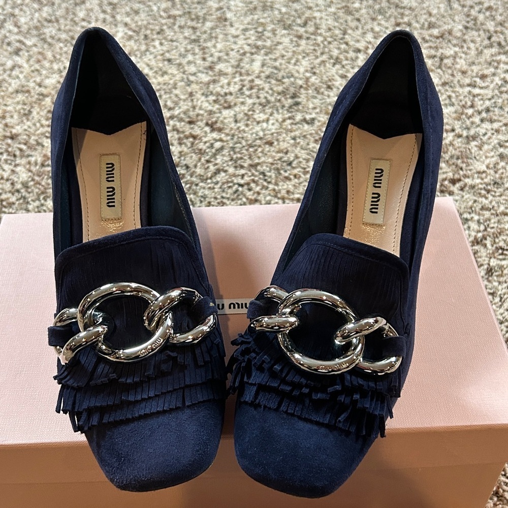 MIU MIU Calzature Donna Heeled Blue Suede Shoes Silver Buckles EU 37.5 EUC